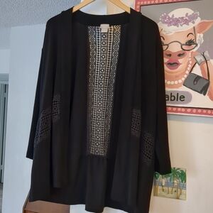 🎄 Chico’s Travelers CROCHET LACE Sz 2 US 12 - 14 Black Open Front STRETCH